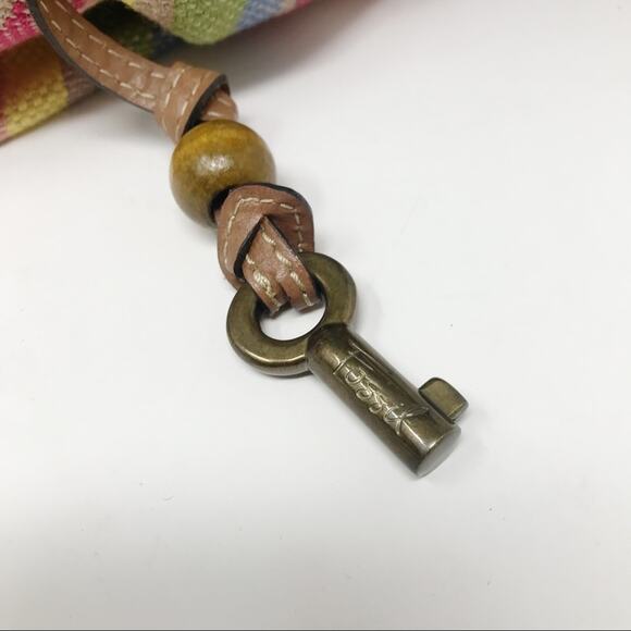 Fossil Spring Striped Fabric Cloth Satchel Crossbody Purse Bag Wooden Handles - Picture 10 of 12